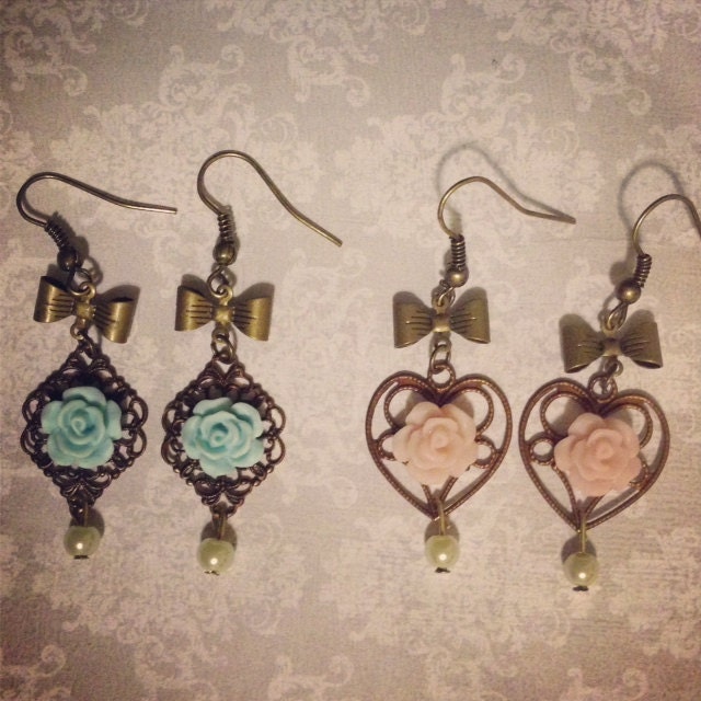 Vintage inspired filigree chandelier earrings- light pink rose or light blue rose- with bows cottage shabby chic classy victorian