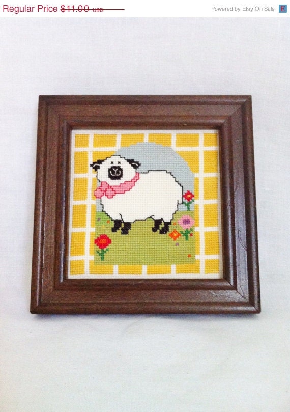 On Sale Vintage Lamb Needlepoint with Retro Gold Checked Background Boy Nursery