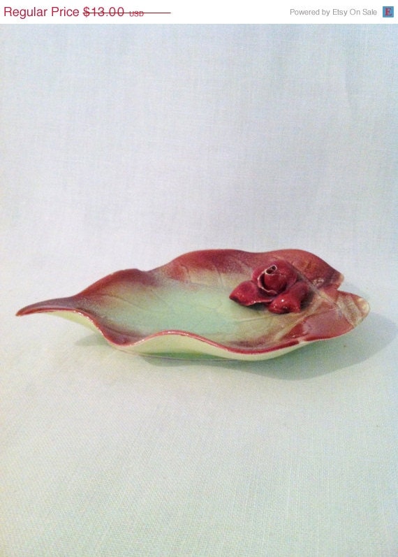 On Sale Green pink ceramic pottery leaf dish with rose