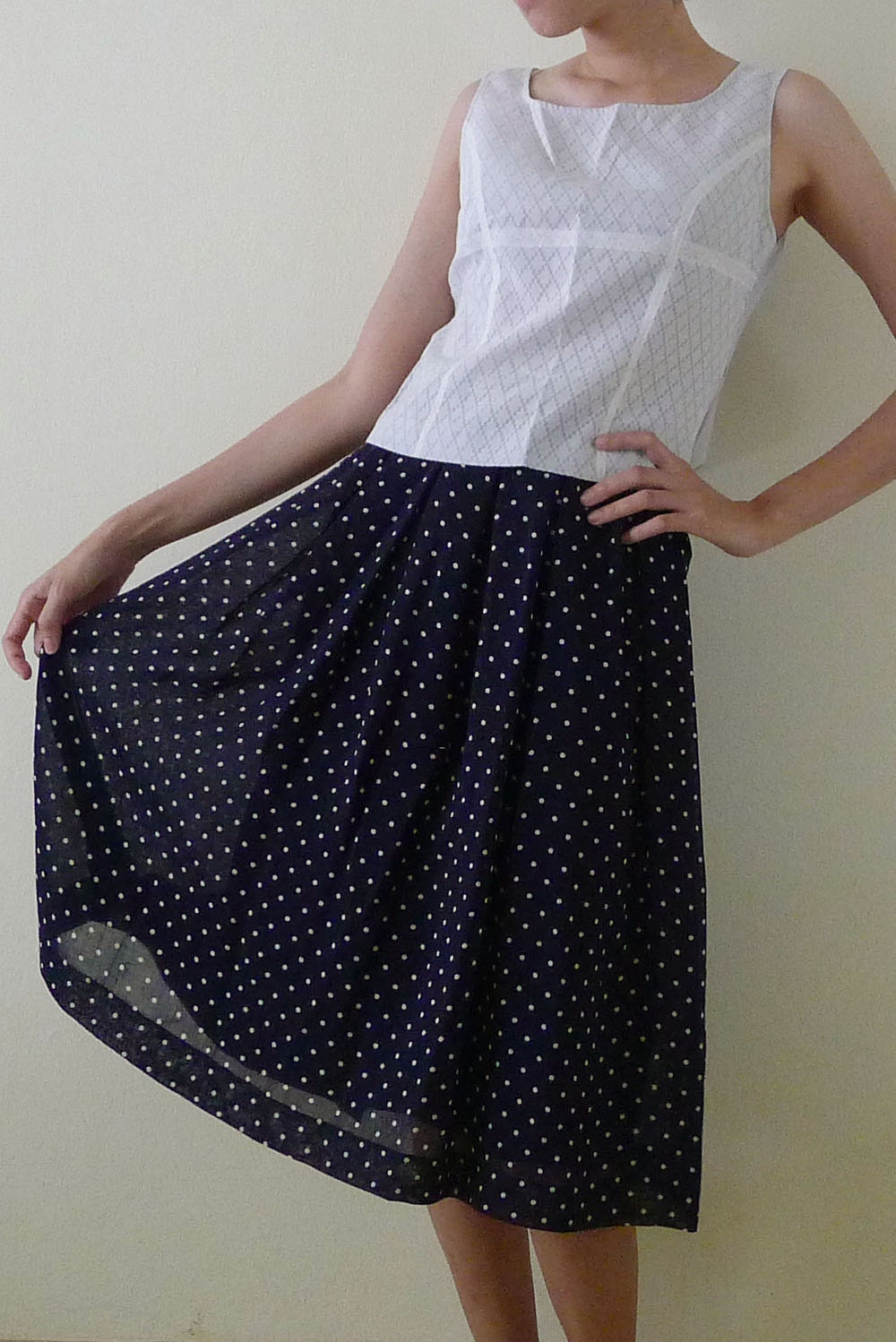 RESERVE FOR PAIEON vintage high waist navy polka dot sheer skirt with liner, a-line skirt, pleated skirt
