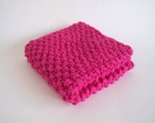 hand knit plushy cotton washcloth in hot pink