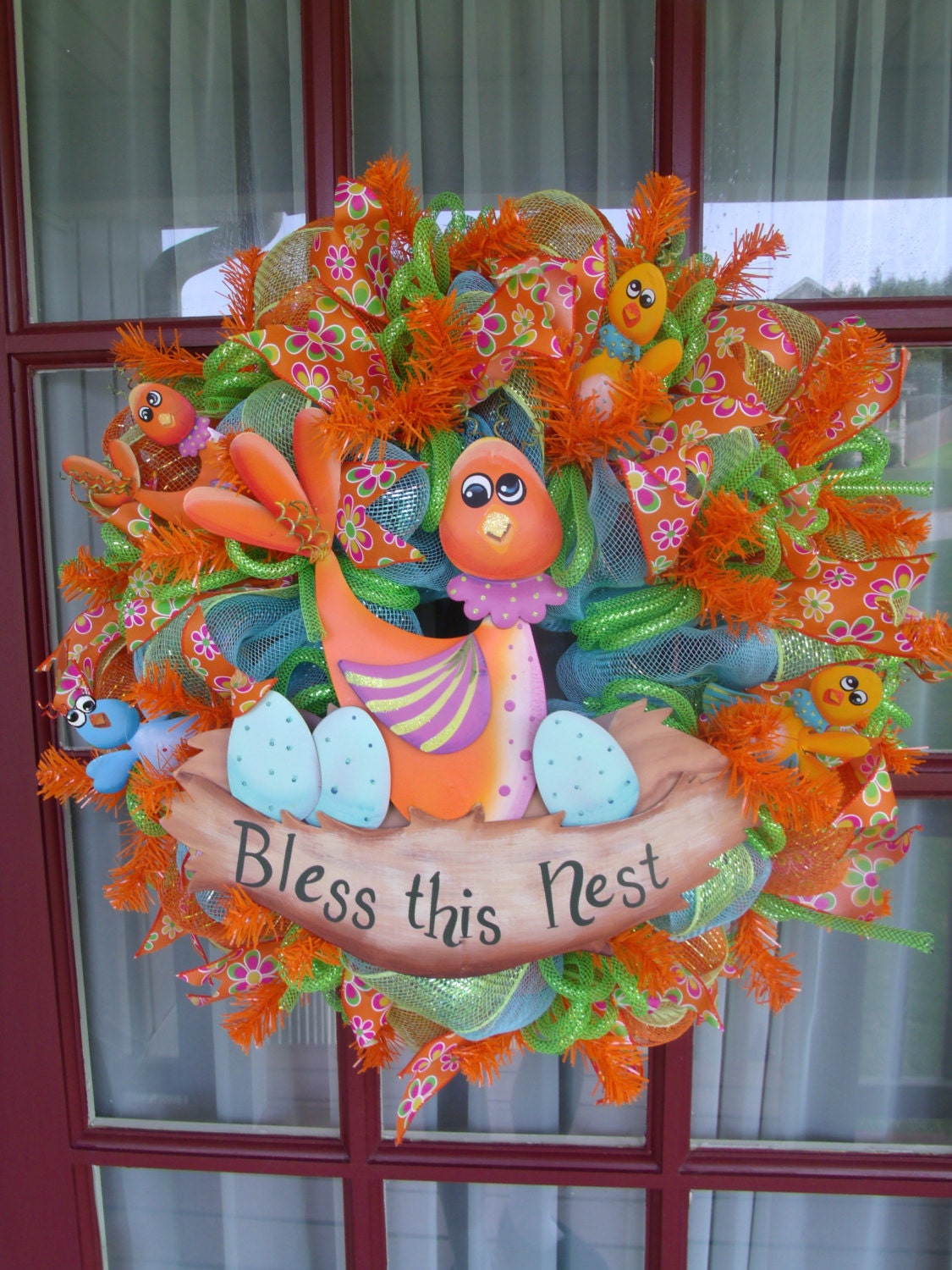 Orange and Lime Green Bless Our Nest Deco Mesh Door Wreaths
