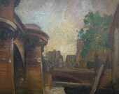Antique french Paris oil painting,the river Seine at the famous oldest bridge of Paris: the Pont Neuf