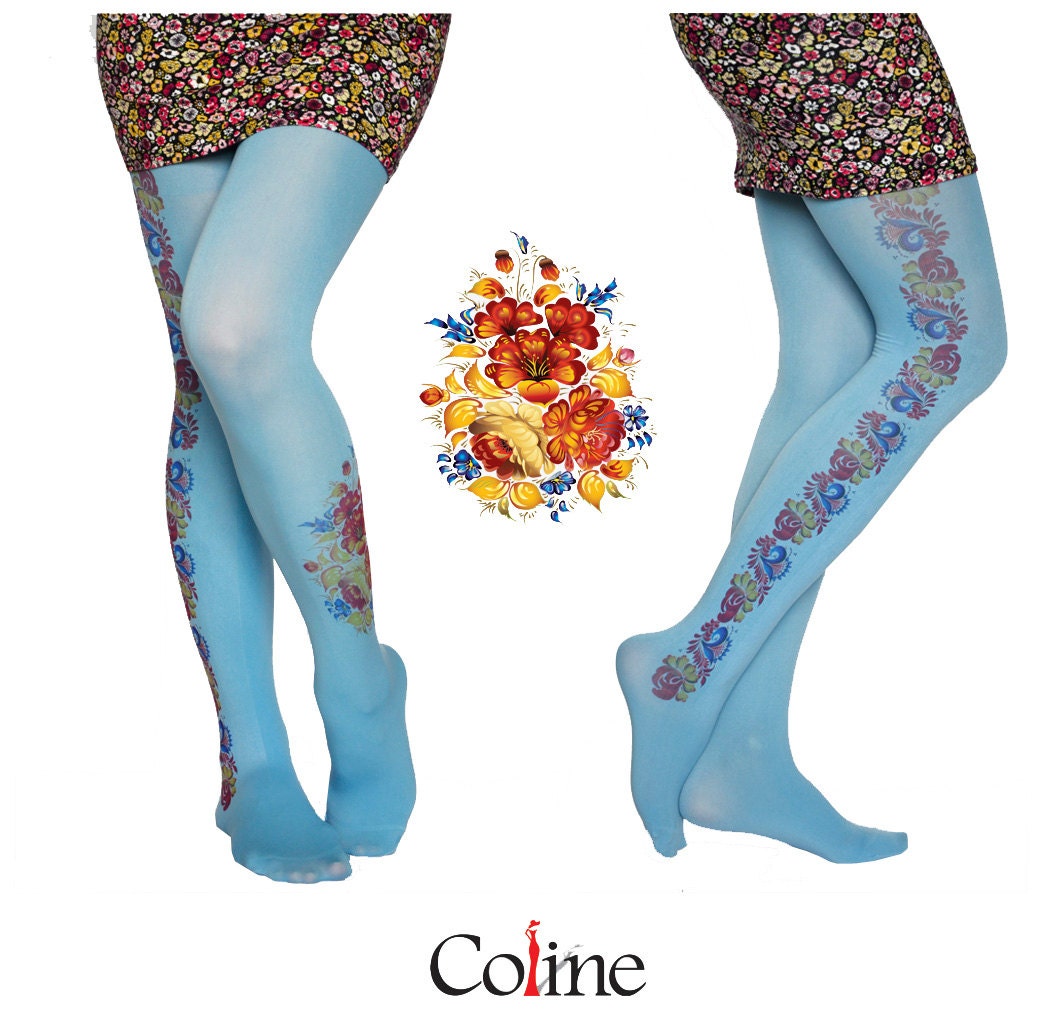 Flowers Tattoo Tights Pantyhose,Decorative Flower Print tattoo Leggings,Blue Tattoo Tights,Handmade Pantyhose