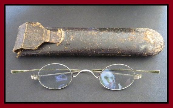 Classic Antique (1800s Vintage Oval Spectacles, Straight Temple Embossed Eyeglasses w/ Original Leather Case) Steampunk Gem