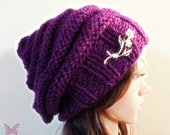 Slouchy beanie hat - PURPLE - ribbed/beehive style - crochet - women teen girls Winter - Wool Woolen - (Brooch accessory optional)