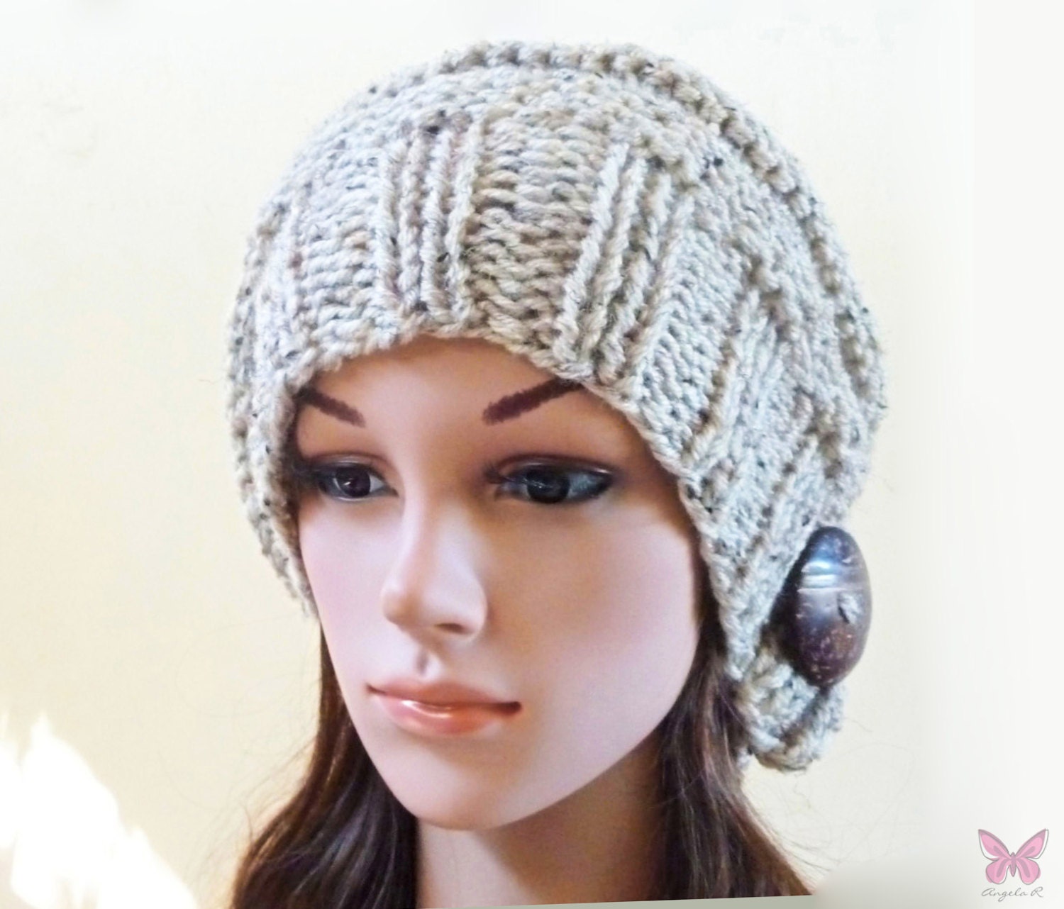 Slouchy beanie hat - OATMEAL - with button - womens teen girls Winter accessories
