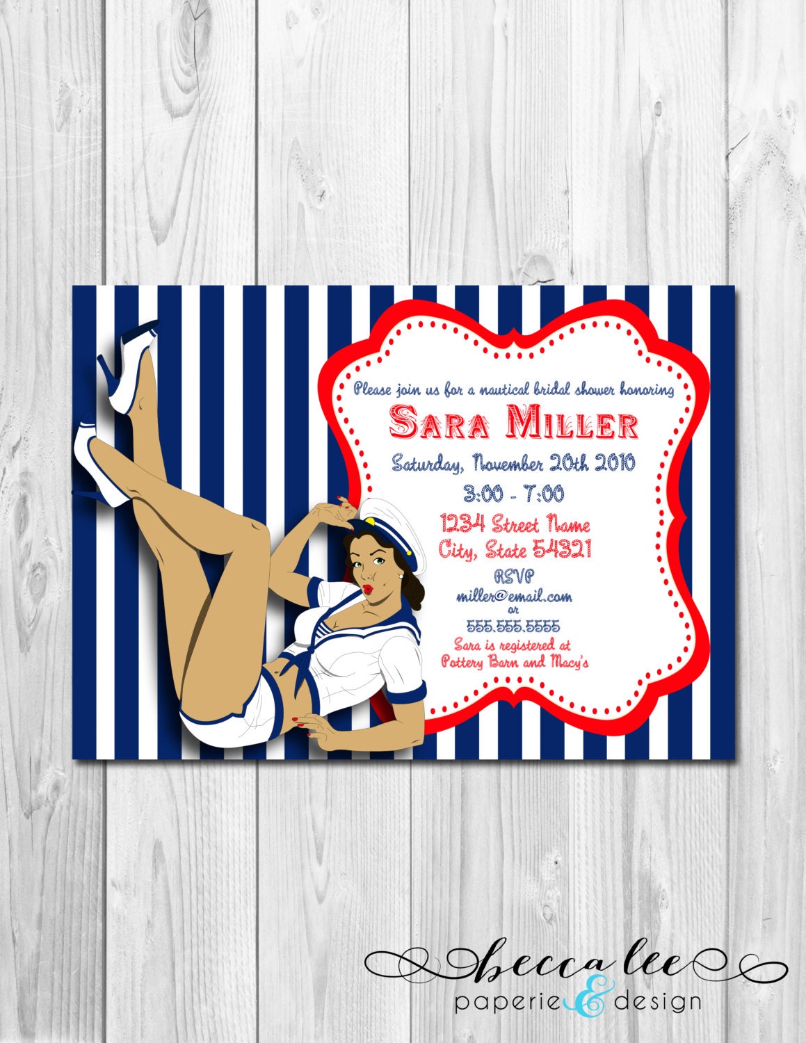 Pin Up Girl Nautical Theme Bridal Shower Invitation - DIY - Printable Il_170x135