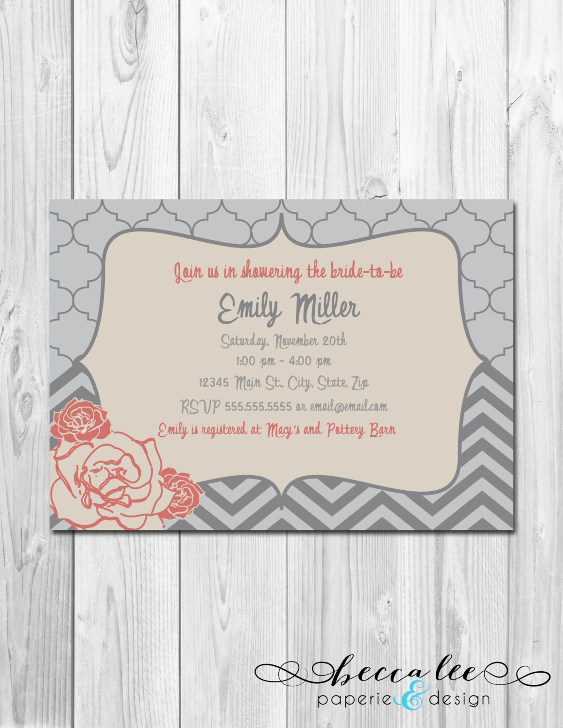 Bridal Shower, Baby Shower, Birthday Invitation - Rose Chevron Stripes - Grey and Salmon - DIY - Printable Il_570xn
