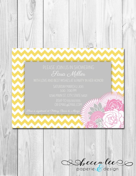 Bridal Shower Invitation Chevron Stripes & Floral - Pink, Yellow, Grey - DIY - Printable Il_570xn