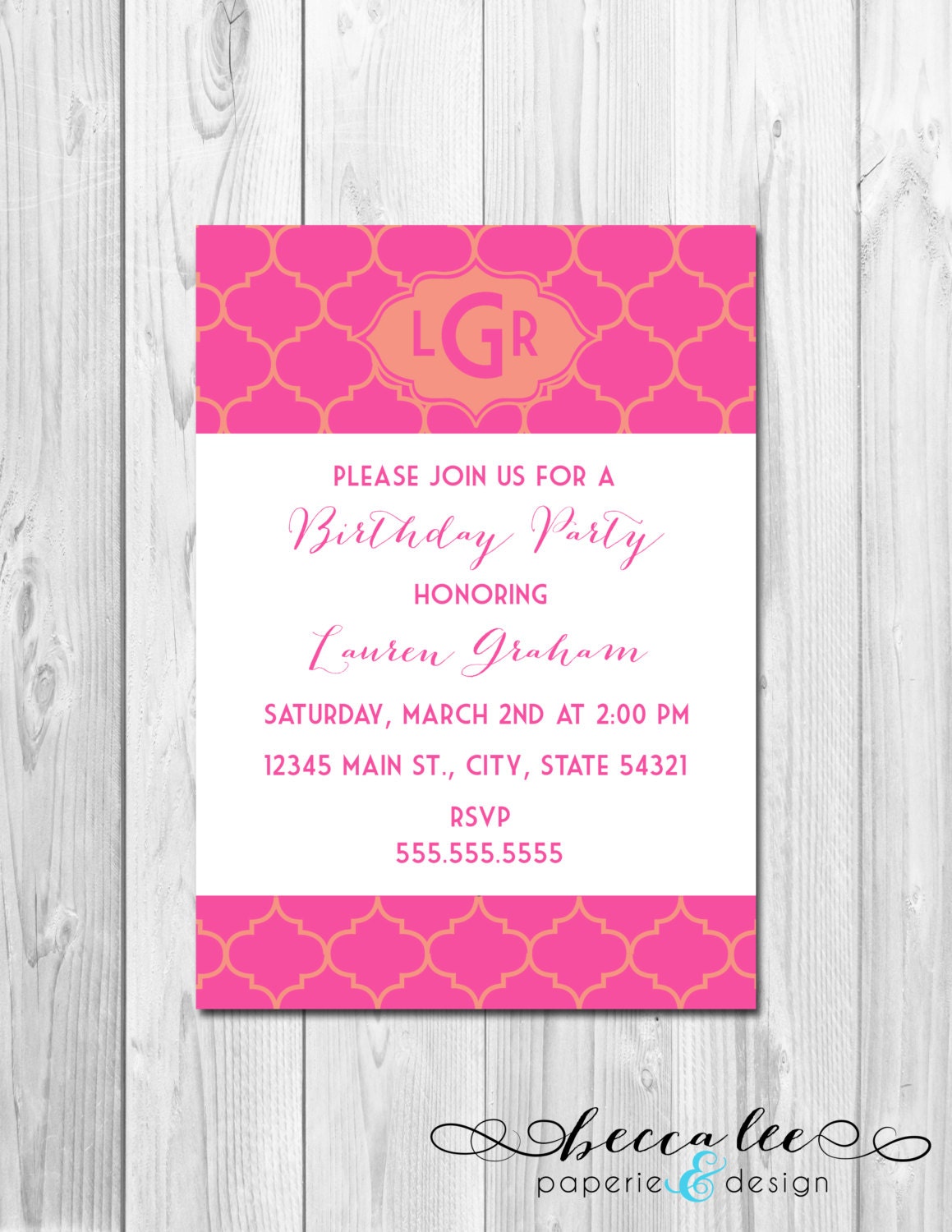 Monogram Birthday Party Invitation - Orange & Hot Pink - DIY - Printable Il_570xn