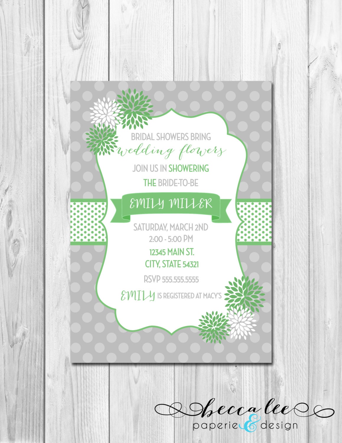 Bridal Shower Invitation - Polka Dots & Pom Pom Flowers - Green, White, Grey - DIY - Printable Il_570xn