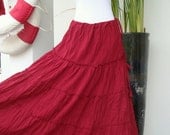 Women Hippie Crinkle Long Cotton Dark Red Tiered Peasant Skirt - SK002