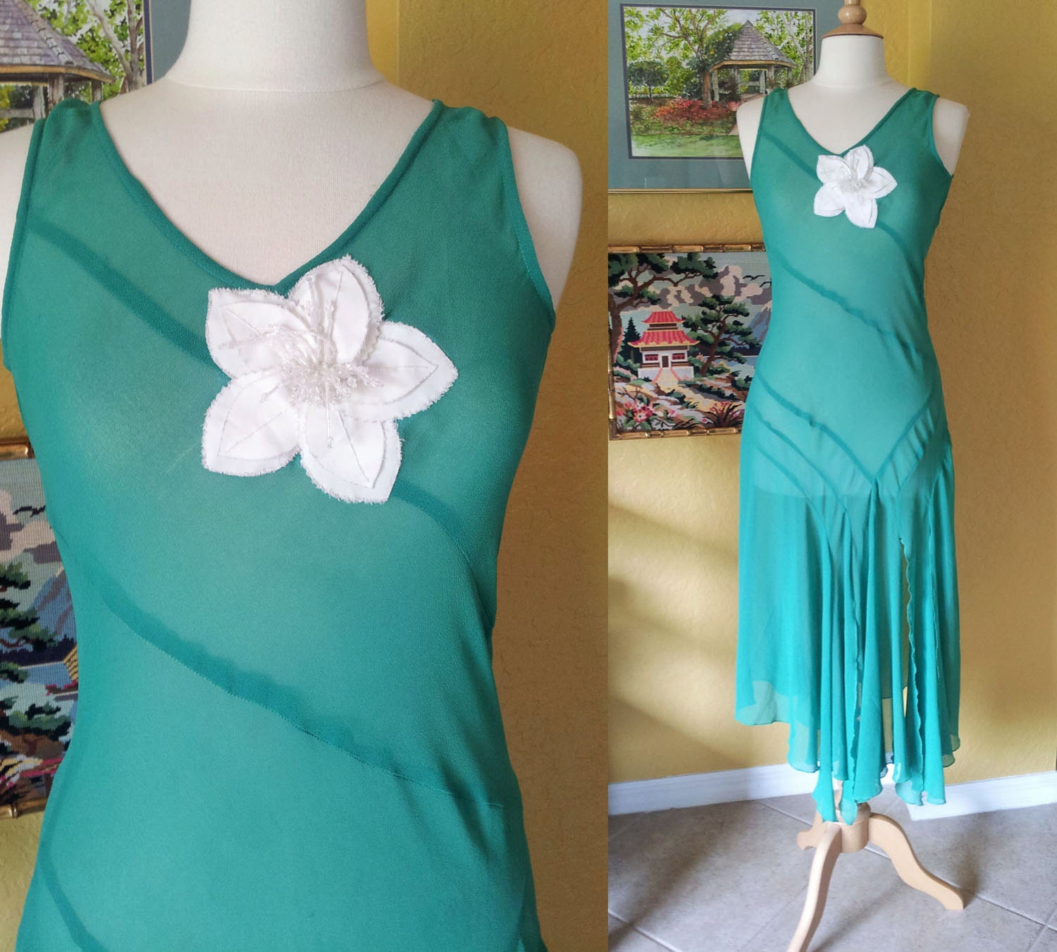 Vintage 1930s Green Silk Dress