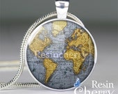 vintage World map pendant charm, world map jewelry pendant, world map necklace pendant- M8011CP