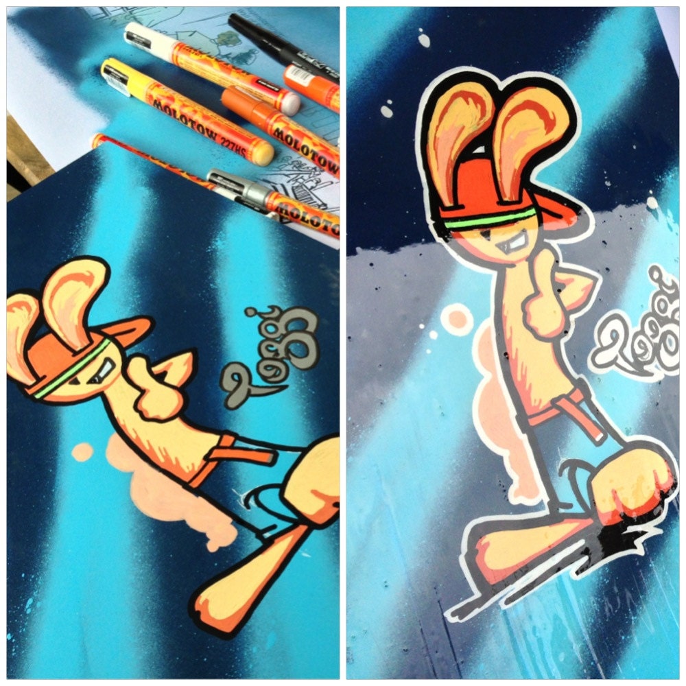 urbanart graffiti hiphop swag bunny rabbit on wood mixed media spray paint "Toggi" rare