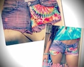 Customized Low rise Tie Dye Daisy Duke Hipster beach shorts studded with pink wash