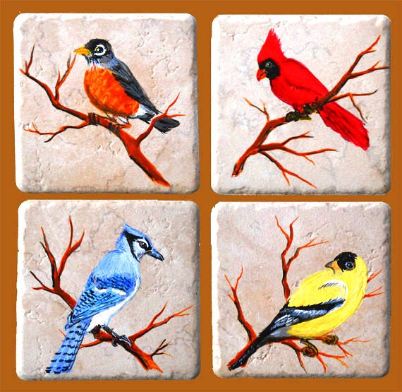 Four the Birds Set of 4 Hand Painted Porcelain Tile Coasters