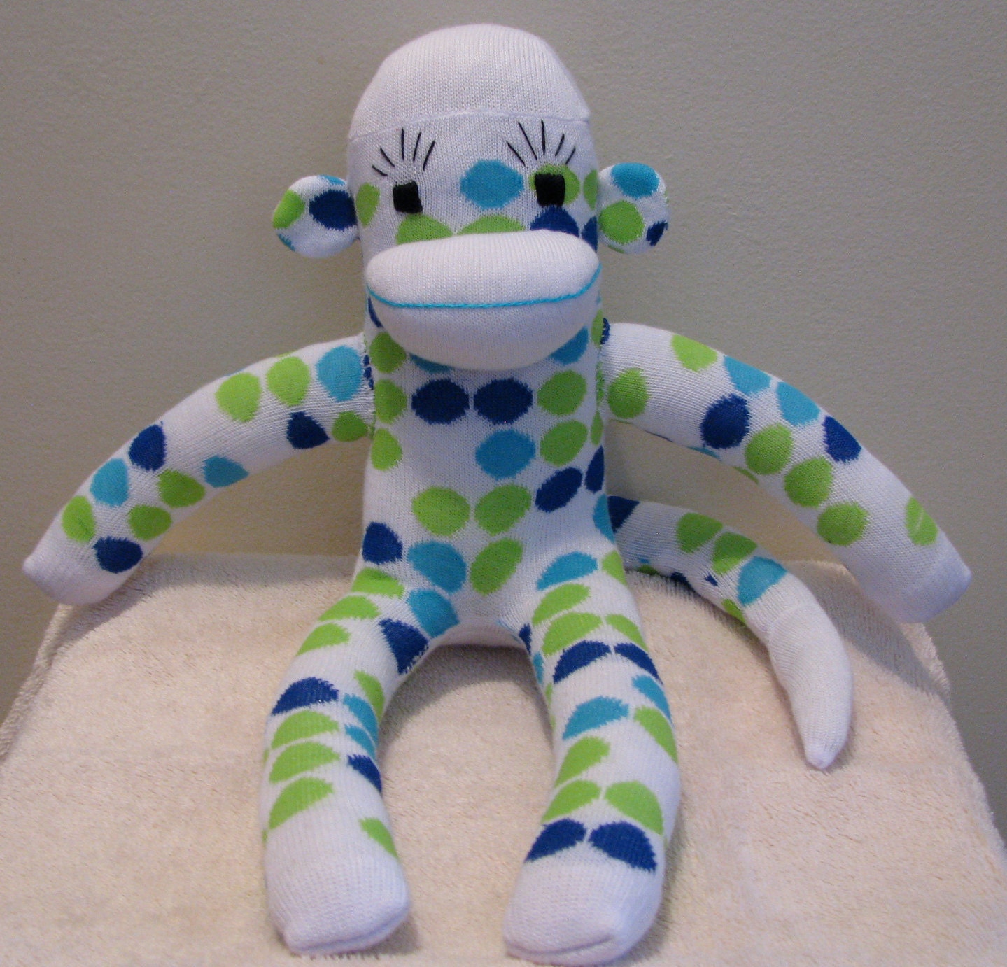 Blue and Green Polka Dot Sock Monkey