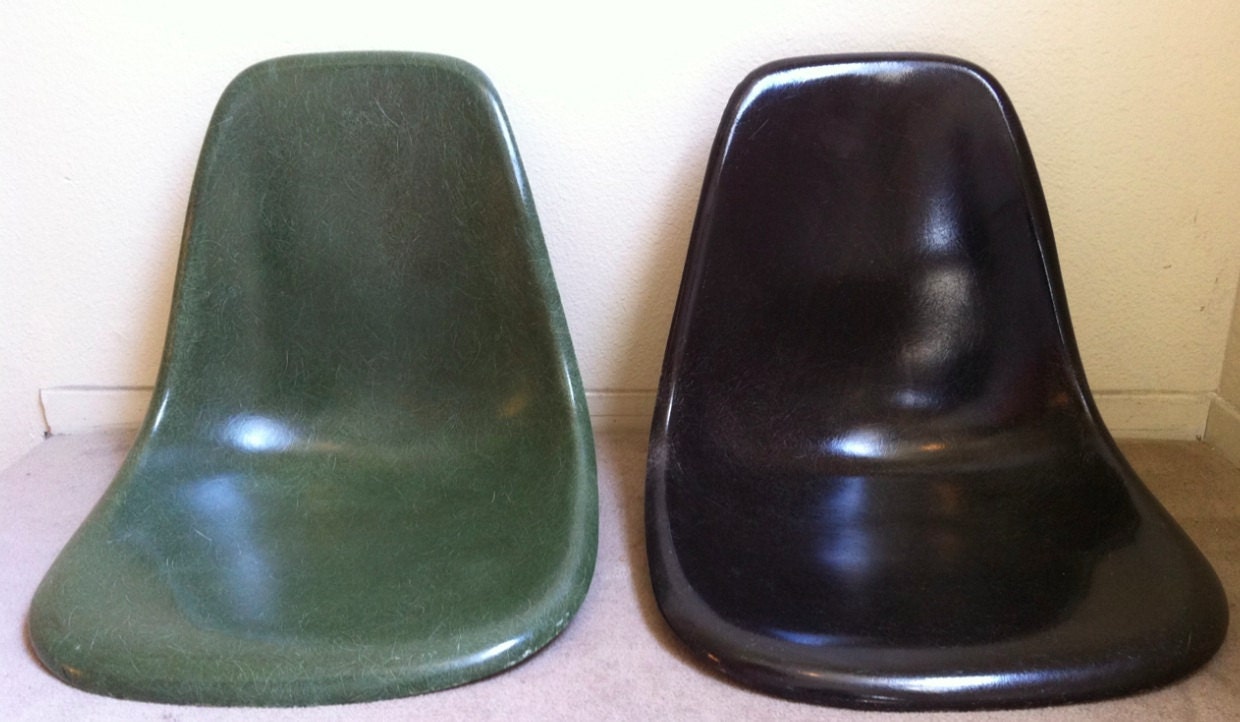 EAMES FOREST GREEN and Black Pair Herman Miller Olive Dark Seafoam Fiberglass Side Shell Chair Set of 2 Super Rare Colors