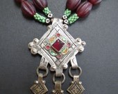 Double Strand African Trade Bead Necklace with Moroccan Enamel Niello Pendant
