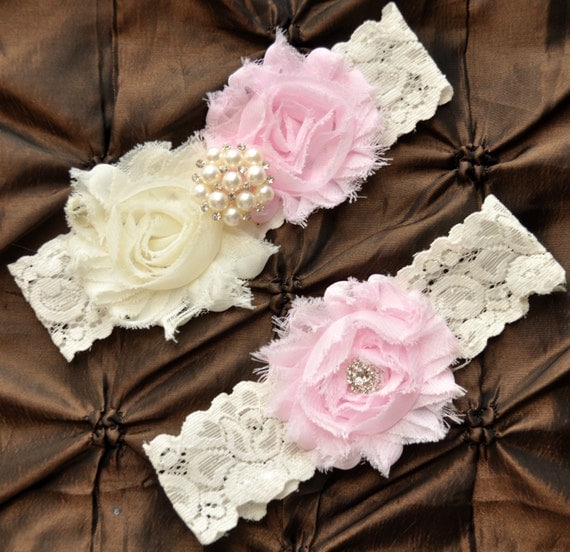 Wedding Garter, Bridal Garter Set - Ivory Lace Garter, Keepsake Garter, Toss Garter, Shabby Chiffon Rosette Ivory Light Pink Wedding Garter