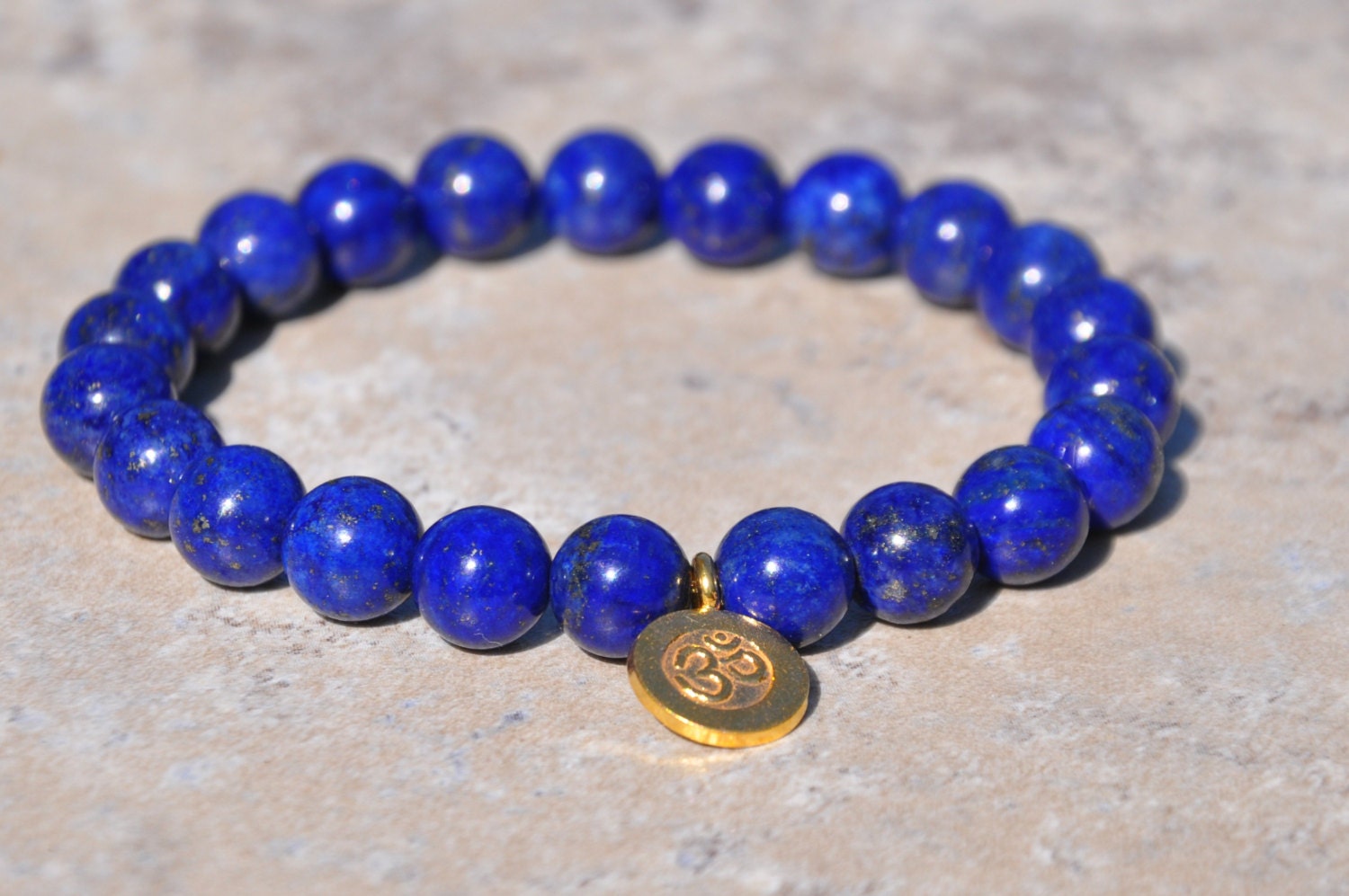 Harmony  Lapis Lazuli Beaded Bracelet , Gold Vermeil Om OHM charm ,  Yoga Bracelet , Healing Bracelet ,  Mala Bracelet