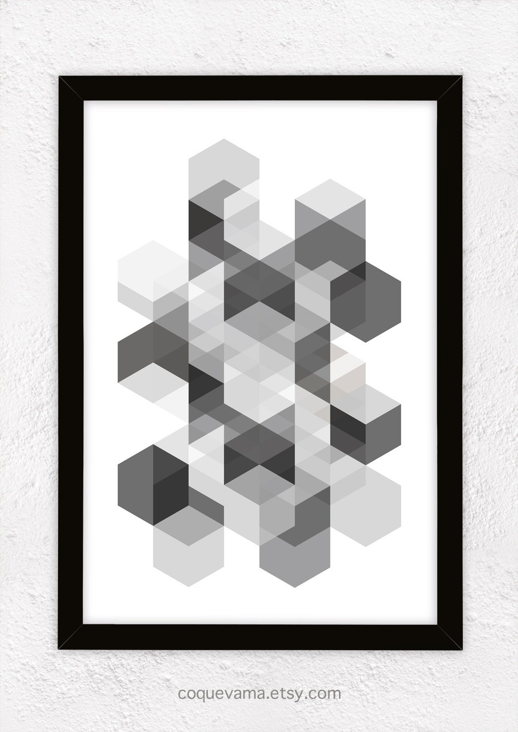 Art Print , A3, Poster, Hexagons - Black and White