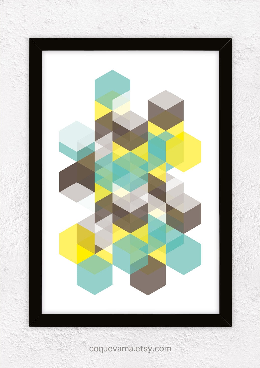 Art Print , A3, Poster, Hexagons - Yellow, Brown and Mint - Coquevama