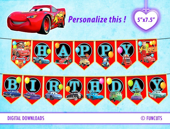 CARS McQueen banner 5" x 7.5" each flag - Disney, Pixar, Lightning McQueen. Personalize Birthday banner, any party. Digital download.
