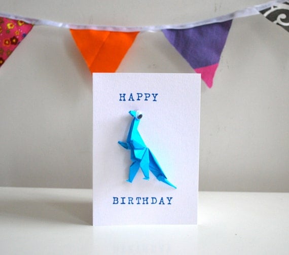 Bright Blue Origami Dinosaur Happy Birthday By Mrshillyshally