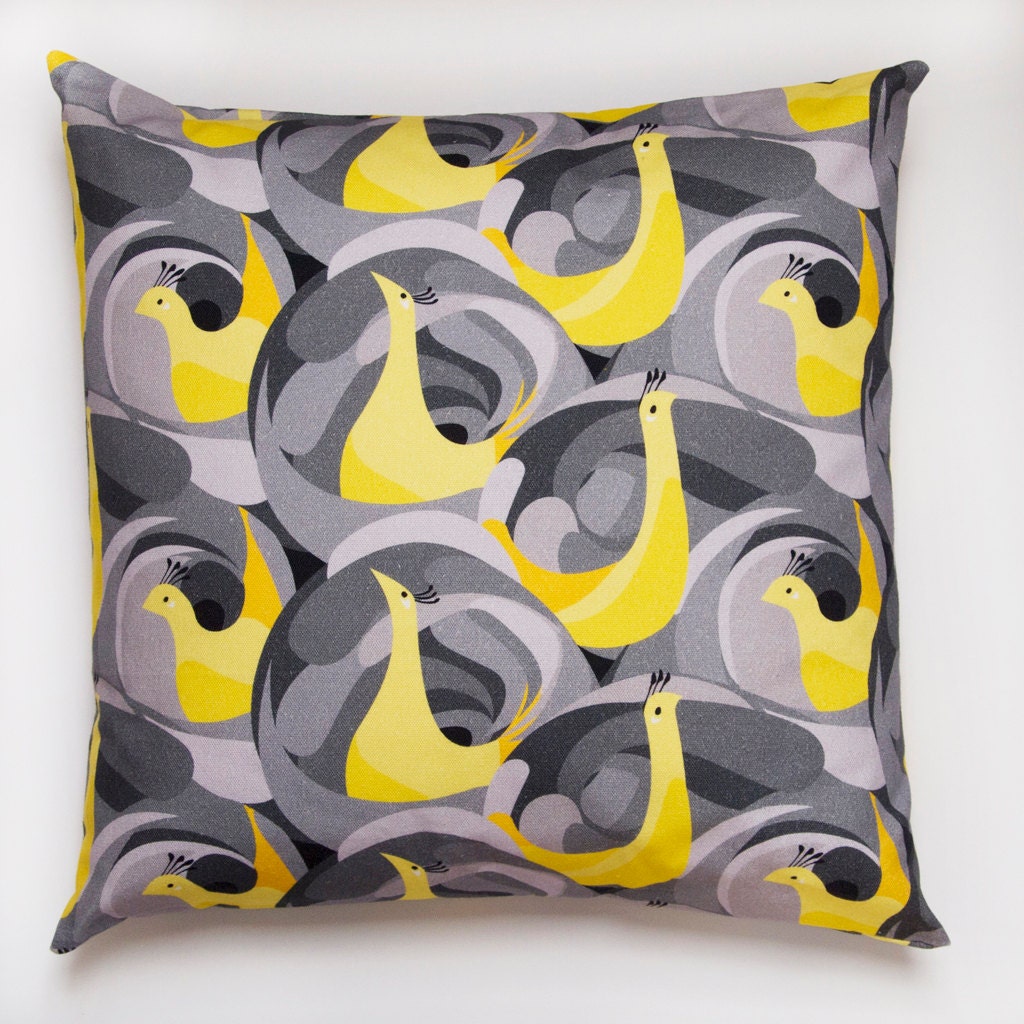 Cushion in Peacock grey gray and yellow swirl patterned cotton fabric size 18" 45cm x 45cm