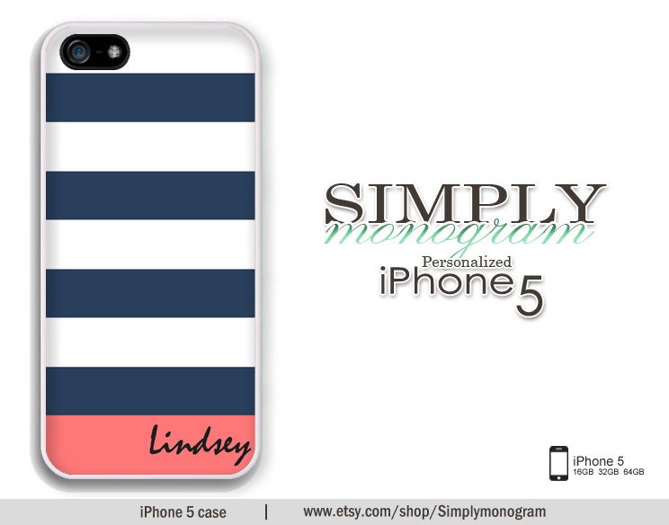 iphone 5 case - plastic or silicone rubber - navy and coral striped monogram