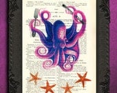 Purple Octopus with starfish book art print - ocean home decor dictionary - squid with fork and knife printed on vintage dictionary paper