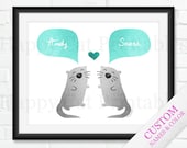 Otter COUPLE Printable Wall Art Personalized Wedding Gift Name Wall Decor Animal Turquoise Teal Gray Print Custom Home Decor Love Heart 8x10
