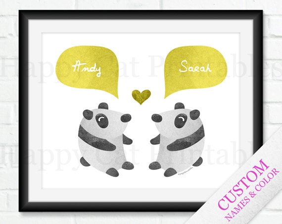 Panda COUPLE Wall Art Personalized Wall Decor Printable Art Yellow Gray Home Decor White Background Custom Name Love Heart 8x10 DIY Print