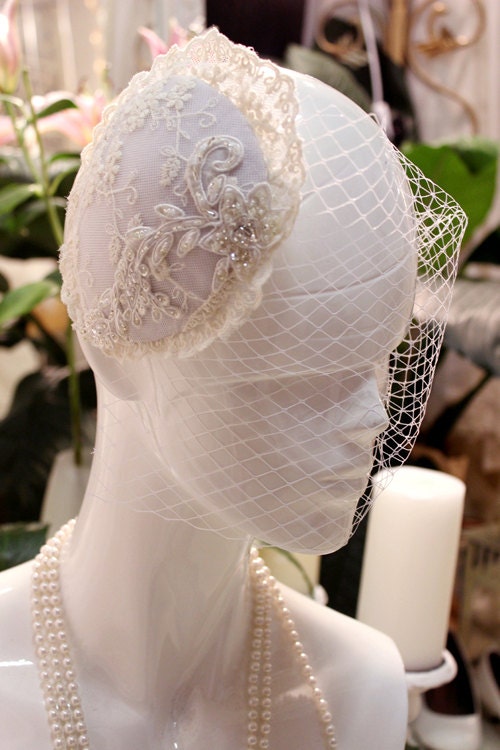 Ivory Lace Headpiece Wedding Victorian Piece Vintage Style Bridal Veil Cap Bride Hat hair beaded accessories gift