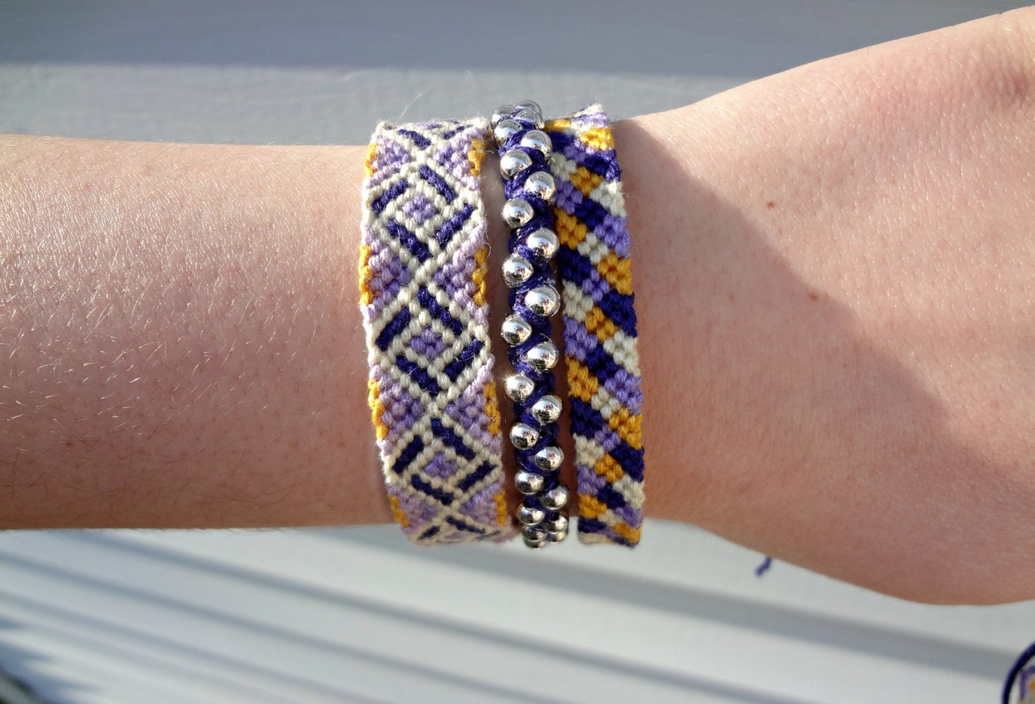 Beautiful Yellow and Purple Squared Friendship Bracelet Set of 3