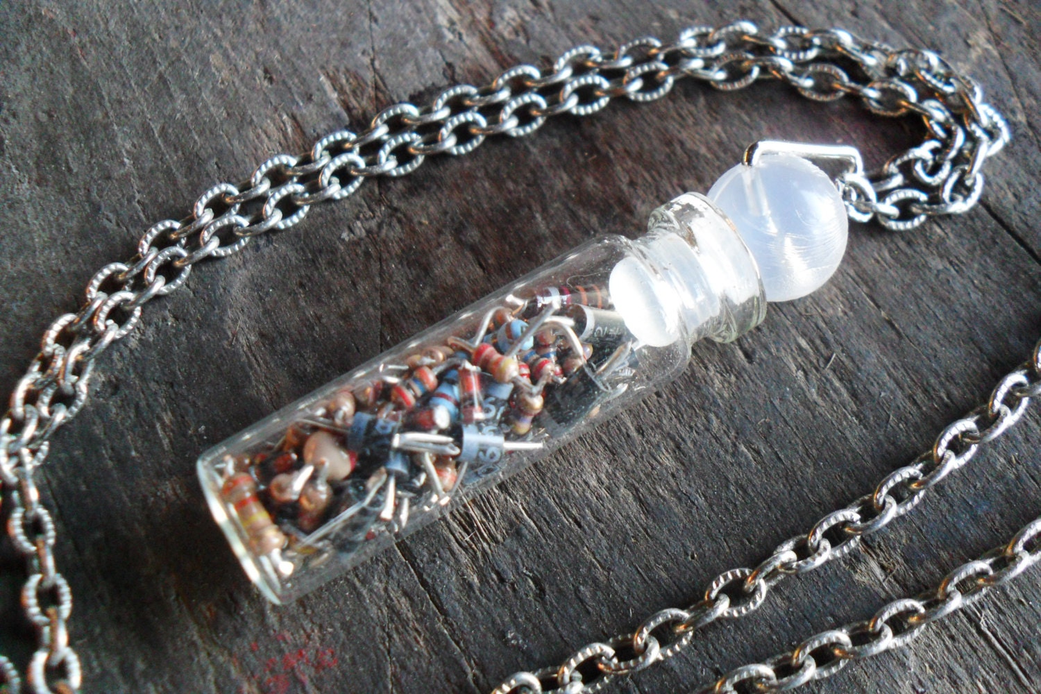 Resistance is Futile - Glass Vial Necklace Filled with Tiny Colorful Resistors, 24" (61cm), Steampunk, Geekery, Computer Art, OOAK