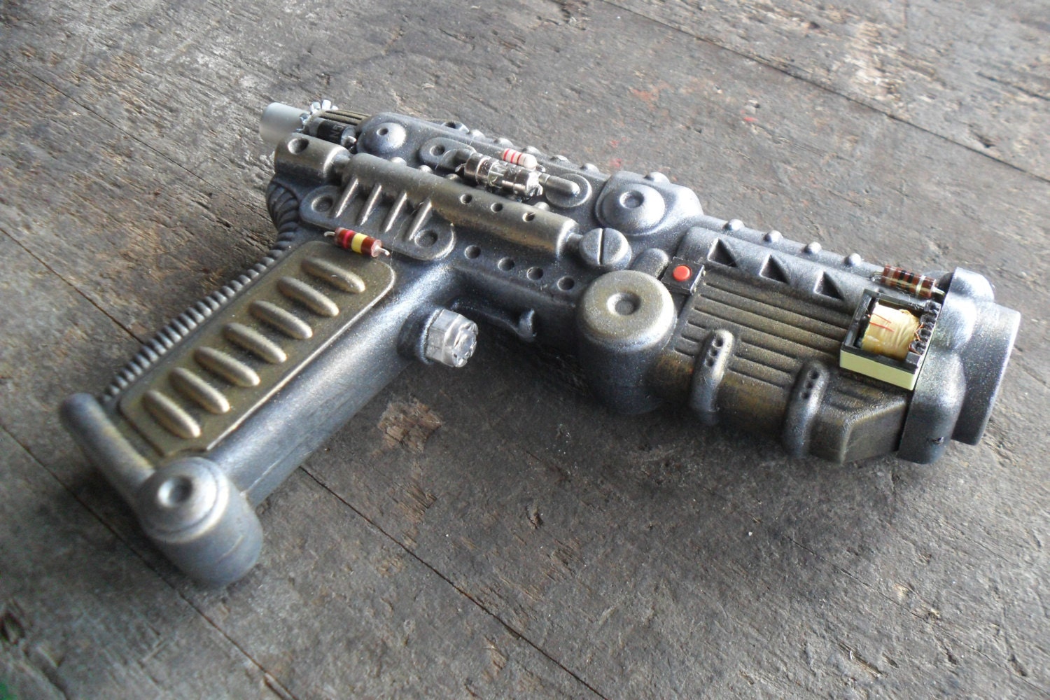 Medium Steampunk Gun Bronze & Silver Metallic with Old Computer Parts, 6.75" Long, Cosplay, Ray Gun, Halloween, Space