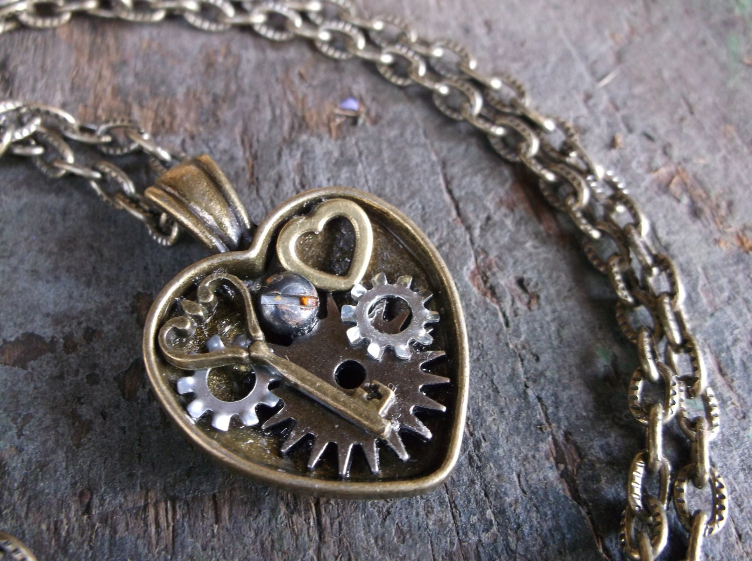 Gear and Key to My Heart Necklace in Antique Brass on 26" (64cm) Large Link Textured Chain, Steampunk, Valentine's Day, Love, Sweetheart