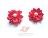 Set of Two red Silk Ribbon Flowers for  headbands or hair clips - Supplies UK SELLER