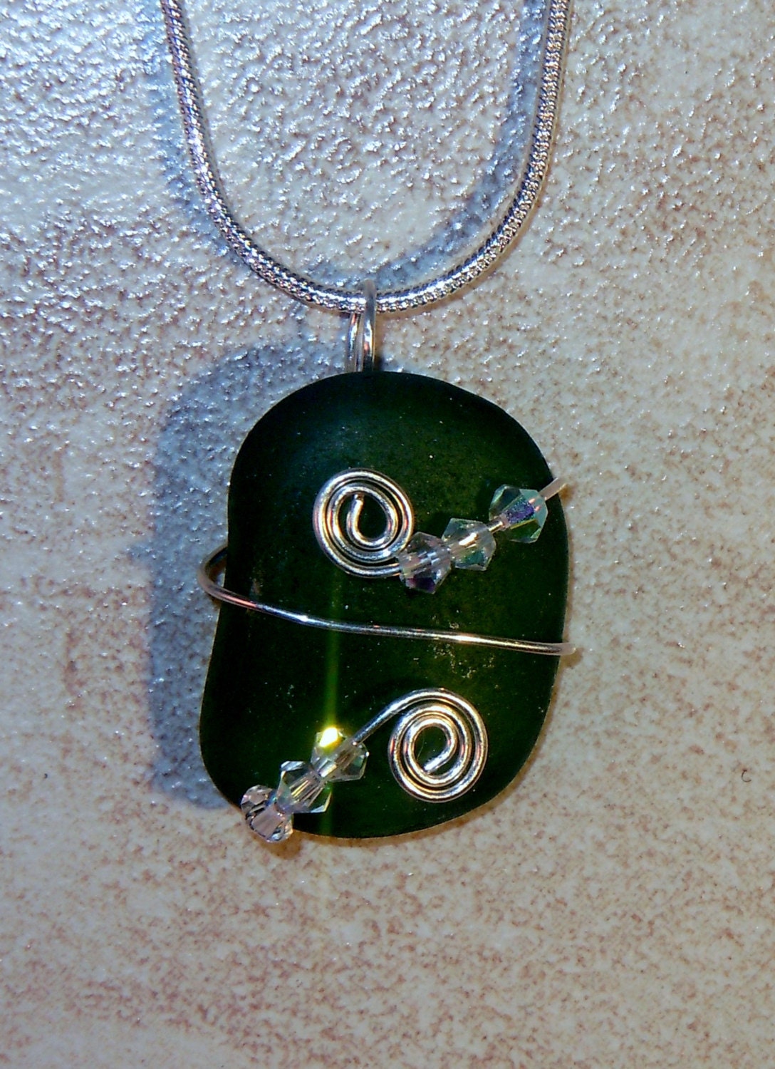 Handmade Wire Wrapped Dark Green Genuine Sea Glass Pendant