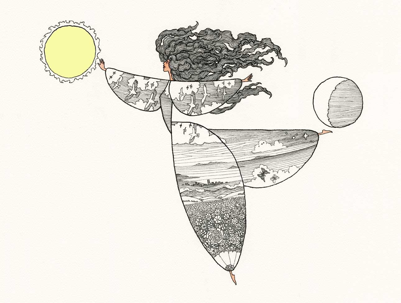 Earth Dance. Cosmic Woman, dancing, charm, grace, nature, celebration art print.