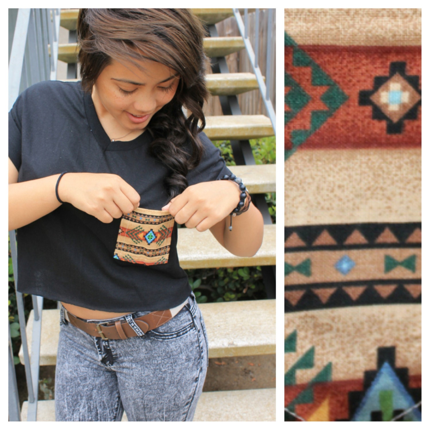 Hers Cut Off Paige's Native Print Pocket Tee (More colors available)