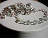 long or double strand rosary necklace, multistrand bracelet, with pink quartz and green amethyst beads, freshwater pearls