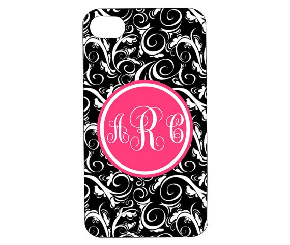 BLACK DAMASK & PINK  I Phone Cover Case Monogrammed I Phone 4 Covers Personalized Cell Phone Accessory