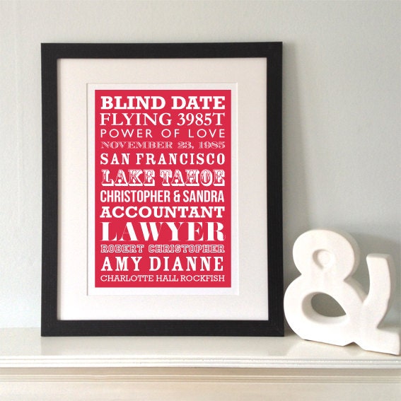 Anniversary Typographical Art Print - A3 - unframed, perfect for paper anniversaries, birthdays, for her or for him