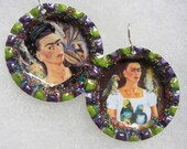 NEW: Frida Kahlo with Parrots Mexican Bottlecap Earrings, handmade jewelry by Sonoma Artistry