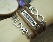 Brown charm cuff bracelet,silvery love & infinity bracelet,beautiful handmade bracelet,the best gift. S799